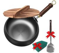 Ejoyiso Casserole en fer épais non revêtue - 24/23/28 cm - Poêle à frire japonaise antiadhésive forgée à la main - Sans revêtement - Avec couvercle et pelle en bois (Holza, 24 cm)