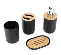 Ejoyous Ensemble d'accessoires de Salle de Bain 4 Pièces, Plastique et Bambou, Porte-Brosse à Dents élégant, Porte-Savon, Distributeur de Lotion pour Salle de Bain de Maison et d'hôtel (Black)
