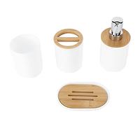 Ejoyous Ensemble d'accessoires de Salle de Bain 4 Pièces, Plastique et Bambou, Porte-Brosse à Dents élégant, Porte-Savon, Distributeur de Lotion pour Salle de Bain de Maison et d'hôtel (White)