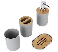 Ejoyous Ensemble d'accessoires de Salle de Bain 4 Pièces, Plastique et Bambou, Porte-Brosse à Dents élégant, Porte-Savon, Distributeur de Lotion pour Salle de Bain de Maison et d'hôtel (Grey)