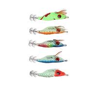 Ejoyous Leurre Artificiel de Crevette en Bois, 5PCS Leurre Artificiel de Pêche Wobbler Calmar Sélectionné avec Hameçon en Acier Épaissi Lumineux, à Pointe Acuminée pour la Pêche en Eau