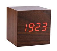 Ejoyous Réveil Numérique LED, Horloge Cube Horloge en Bois Horloge de Table avec Alarmes Mode Commande Vocale et Mode Toujours Lumière pour Chevet Chambre Bureau 6X6X6cm(Bois Brun + lumière Rouge)