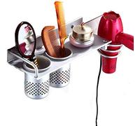 Ejoyous Support Mural pour sèche-Cheveux, Multifunctional en Aluminium avec 2 Tasses Support de Lisseur pour Rangement de Brosses à Dents pour Salle de Bain, Argent 29 x 12 x 10cm
