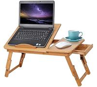 Ejoyous Table de Lit Ordinateur Portable, Plateau Repas Lit Support d'ordinateur en Bambou Réglable & Pliable 4 Angles d'inclinaison avec Tiroir et Trous de Ventilation