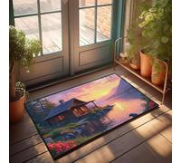 EJXN Cutecore Tapis de sol imperméable pour terrasse Style élégant Cabane en rondins au bord du lac au coucher du soleil | Grande salle de bain/grand tapis de bienvenue pour porte d'entrée (65 x 90 cm