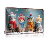 EJXN Décoration murale en étain avec inscription « Four Cats In Winter Hats and Scarves » - Panneau d'avertissement pour chambre à coucher (20 x 30 cm)