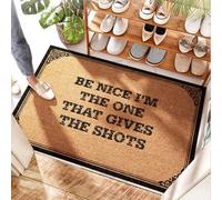 EJXN Paillasson de cuisine rustique en polypropylène imperméable avec inscription « Be Nice I'm The One That Gives The Shots » - Buffalo Check | Fraise/extérieur - Tapis de bienvenue d'automne pour