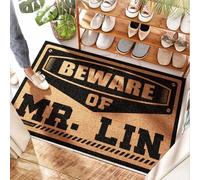 EJXN Paillasson en fibre de coco avec inscription « Beware Of Mr. Lin » - Mud Room | Circle Time / Paillasson personnalisé pour porte d'entrée - Porte d'entrée extérieure amusante et porte en