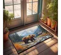 EJXN Runner Art | Ours marron dans un paysage de cabane de montagne - Décoration de porche d'automne et zone lavable/Welcome Spring - Grand tapis de bienvenue pour porte d'entrée, trucs pour
