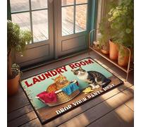EJXN Tapis de bain et cuisine épais toutes saisons | Deux chats dans un panier à linge avec légende déposer votre pantalon ici - Salle de bain lavable et bienvenue drôle/boue d'entrée - Paillasson