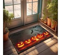 EJXN Tapis de bain étroit rétro texture moelleuse citrouilles d'Halloween avec visages Jack-o'-Lantern et chauves-souris volant dedans | Tapis de bienvenue pour porte d'entrée à l'extérieur (65 x 90