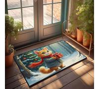 EJXN Tapis de couloir abstrait, un chat mignon tenant un cadeau emballé dans une forêt enneigée. | Mousse - Antidérapant/rétro - Choses cool pour votre chambre de garçon, intérieur/extérieur et bain