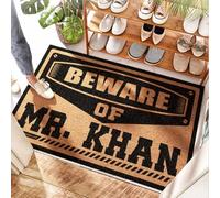 EJXN Tapis d'entrée extérieur | Sol de buanderie, rayé, Beware of Mr. Khan - Tapis de bienvenue imperméable pour porte d'entrée/d'entrée coloré et intérieur (50 x 80 cm)