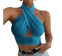 EKalgretrA Débardeurs d'été Sexy for Femmes, Couleur Unie, col Licou croisé, Push-up, ajouré, Hauts Courts, Tenue de Ville Sexy sans Manches for Femme(Blue,L)