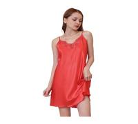 EKalgretrA Pyjama Soie Femme Ensembles Chemise de Nuit Courte en Satin uni for Femme, Mini-Nuisette Sexy avec Bordure Dentelle(Red,XXL)