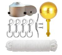 EKEV Flag Pole Repair Kits, 3" Topper Gold Ball + Corde Halyard 50 pi + Crochet Cleat Hook 6" + 4 crochets à clipser + Flagpole Pulley Truck pour 2,5" OD Tube