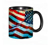 EKLMPS Original Mug en céramique,idéal comme cadeau,impression de haute qualité,mug à motifs,mug à thé,à café,330ml,Drapeau américain, drapeau américain dans le vent sur le mât du drapeau Image commém