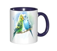 EKLMPS Original Mug en céramique,idéal comme cadeau,impression de haute qualité,mug à motifs,mug à thé,à café,330ml,Aquarelle Animaux Oiseaux Perruches Perruche verte et bleue Dessiné à la main Été