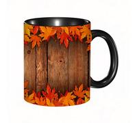 EKLMPS Original Mug en céramique,idéal comme cadeau,impression de haute qualité,mug à motifs,mug à thé,à café,330ml,Automne, feuilles sèches versées sur une planche de bois, chalet rustique