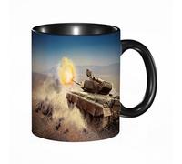 EKLMPS Original Mug en céramique,idéal comme cadeau,impression de haute qualité,mug à motifs,mug à thé,à café,330ml, char avec un design fictif en combat au feu dans le désert concept de troupes de ch