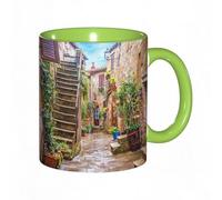 EKLMPS Original Mug en céramique,idéal comme cadeau,impression de haute qualité,mug à motifs,mug à thé,à café,330ml,Décor toscan, vue sur une vieille rue méditerranéenne avec des maisons en pierre