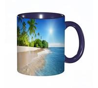 EKLMPS Original Mug en céramique,idéal comme cadeau,impression de haute qualité,mug à motifs,mug à thé,à café,330ml,Image panoramique de palmiers tropicaux sur la plage de Sunny Island, bleu