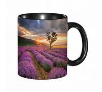 EKLMPS Original Mug en céramique,idéal comme cadeau,impression de haute qualité,mug à motifs,mug à thé,à café,330ml,Lavande, paysage idyllique avec soleil levant et rangées infinies de champs de lavan