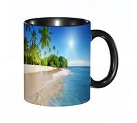 EKLMPS Original Mug en céramique,idéal comme cadeau,impression de haute qualité,mug à motifs,mug à thé,à café,330ml,Image panoramique de palmiers tropicaux sur la plage de Sunny Island, bleu
