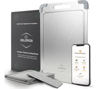 EKLOVER Planche en Titane Pur 35×25 cm - Double Face avec Finition Innovante “Grain de Riz”, Rigole à Jus & Coins Antidérapants - Aiguiseur Diamant, Chiffon, Boîte Premium & 50 Recettes