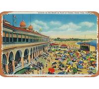 EKMCL Panneau vintage en métal Santa Cruz, foule sur la plage devant le casino, voyage, bar, club, grotte, maison, cuisine, décoration murale, panneau rustique, décoration amusante, 15 x 30 cm