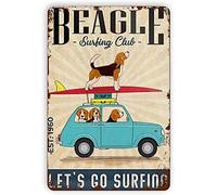 EKMCL Plaque métallique rétro Beagle Surfing Club Let's Go Surfing Art Sign Home Kitchen Bar Cafe Club Cave Décoration murale Plaque métallique 20 * 30CM