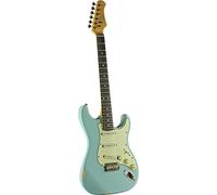 EKO GUITARS - S-300 Relic Daphne Blue, Guitare Électrique avec Finition Relic, Corps en Paulownia, Manche en Érable Américain, Touche 22 Frettes en Résine Eko WPC, Couleur Daphne Blue