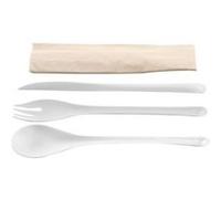 EKO Kit couvert blanc 3 en 1 en CPLA : couteau + fourchette + serviette kraft 500 unités Betik Blanc