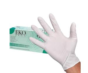 EKO Plus - Gants d'examen jetables en latex pur, Poudrés, non stériles, avec ourlet, haute protection M I, catégorie de risque EPI III, taille Large, distributeur de 100 gants ambidextres