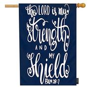 EKOBLA Drapeau de jardin avec citation à la main « The Lord Is My Strength And My Shield » - Verset de la Bible moderne décoratif imperméable pour ferme, parc extérieur - Coton et lin - 30,5 x 45,7 cm