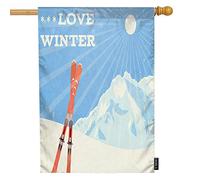 EKOBLA Drapeau de jardin pour planche à neige « I Love Winter Ski Mountain Sport Ski Ski Ski Vacances Activité Vacances Décoratif Imperméable Drapeaux de jardin pour ferme, parc extérieur Décoration Coton Lin 30,5 x 45,7 cm