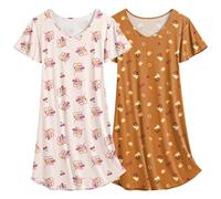 Ekouaer Chemises de Nuit à Manches Courtes pour Femmes 2 pièces Chemise de Nuit Mignonne d'été Kaki Ourson Doughnut +Cerise L