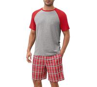 Ekouaer Ensemble Pyjama Haut à Col Rond Bas Court Carreaux pour Hommes avec Poches Latérales et Cordon de Serrage, Rotkariert, M