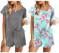 Ekouaer Ensembles de Pyjama Femme Col Rond Vêtements de Nuit Manche Courte 2 Pièce Sleepwear Été, Gris+Fleurs3, M