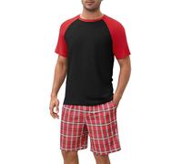 Ekouaer Été Ensemble de Pyjamas Vêtements de détente à Manches Courtes T-Shirt Bas de Pyjama à Carreaux Cordon de Serrage, Noir-Rotkariert, S