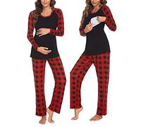 Ekouaer Pyjama d'allaitement pour Femme pour hôpital Manches Longues Modal de Grossesse Ensemble Pyjama 2 pièces Plaid Rouge L