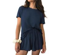 Ekouaer Pyjama Femme Court Ensemble de Pyjama Ete Col Rond Manches Courtes Vêtement de Nuit Femme Short avec Poches Latérales