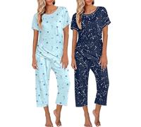 Ekouaer Pyjama Femme Court Haut à Manches Courtes de Pantalon Capri 3/4 Détente Doux, Bleu Clair+Cosmos, XXL