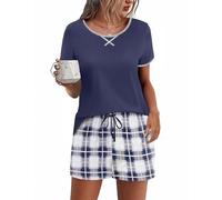 Ekouaer Pyjama Femme Ensembles de Pyjama Sexy Chic Vêtements de Nuit Manches Courtes Pyjashort Femme Soie Été, Bleu Marine, XL