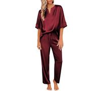 Ekouaer Pyjama Femme Ete Satin Pyjamas en Soie Femme Col V Short Ensembles de Pyjama 2 Pièces Doux Sleepwear Vin Rouge L