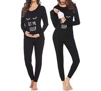 Ekouaer Pyjama Femme Grossesse Vêtements de Nuit Maternité Longue Chaud Ensembles de Pyjama Hiver pour Accouchement Hôpital, Noir-2, S