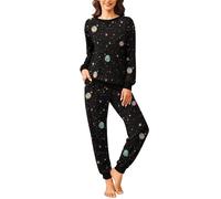 Ekouaer Pyjama Long pour Femme Ensemble Pyjama à Manches Longues Vêtements de Nuit 2 Pièces Hiver Carreaux Col Ronde Vêtements de Détente Loungewear avec Poches Latérales,Noir+planète,XL