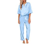Ekouaer Pyjama Satin Femme Ete Pyjamas Short Col V Ensemble de Pyjama en Soie Femme Confortable Sleepwear Bleu Clair S