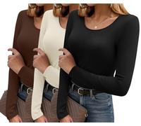 Ekouaer sous Vetement Thermique Manche Longue Femme 3pcs Moulant T Shirt Thermique Top Col Rond T-Shirt Basique, Noir + Marron + Beige M