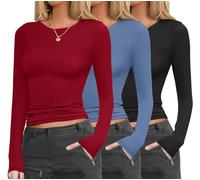 Ekouaer T Shirt Thermique Femme 3pcs Maillot de Corps Col Rond Trendige Moderne Base Layer, Noir + Bleu + Rouge Vin, S